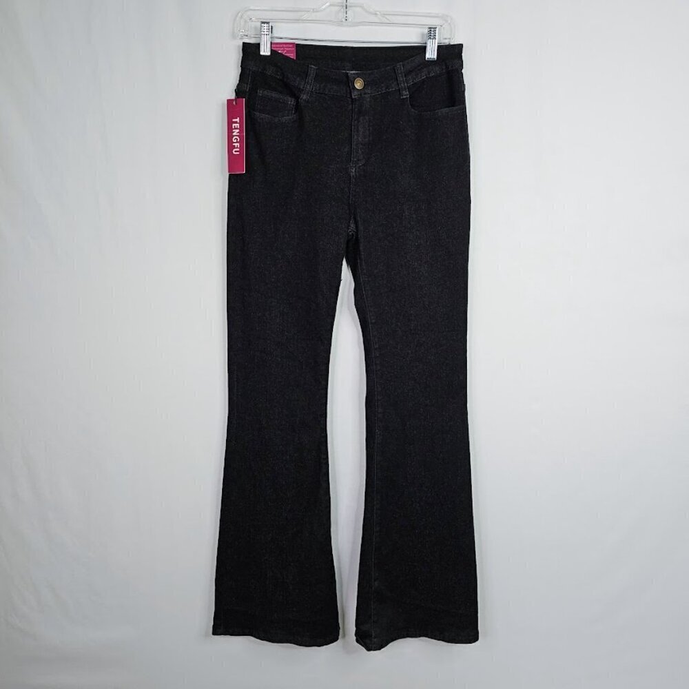 NWT Women's TENGFU Flare Leg Jeans size 4 BLACK High Rise Denim Bootcut Preppy - Picture 2 of 6